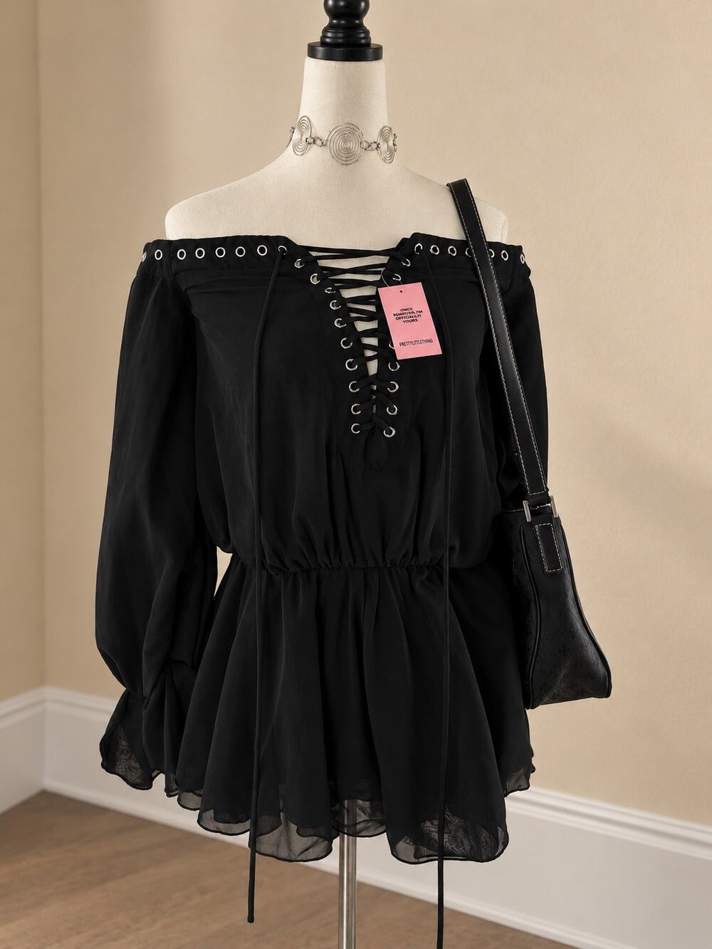 PrettyLittleThing Black Chiffon Lace Up Romper NWT Size 6